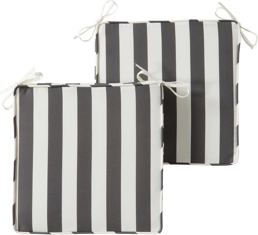 Outdoor 18 inch Square Patio Dining Chair Pads Comfortable Fiber-Filled Seat Cushions with Ties, Reversible Polyester Fabric - Canopy Stripe Gray, Set of 2