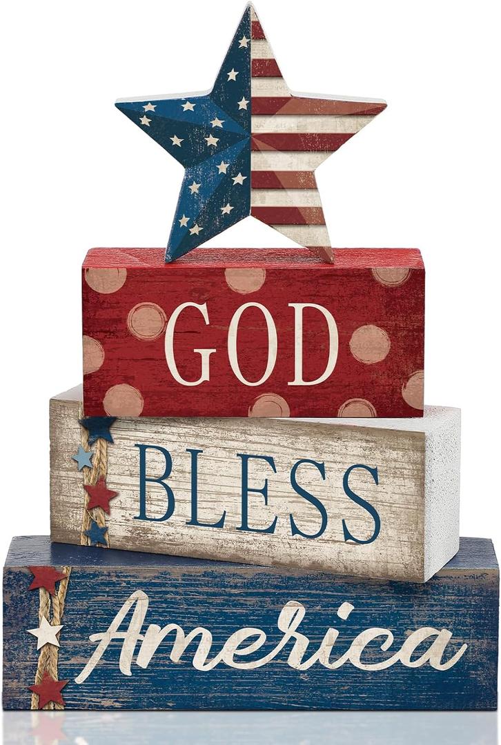 CroBlissful 4 Pcs 4th of July Decorations Patriotic Memorial Day Tabletop Decorations Red White Blue Table Centerpieces Sign for Office Tiered Tray Home Shelf 250th Anniversary(Star Independence Day)