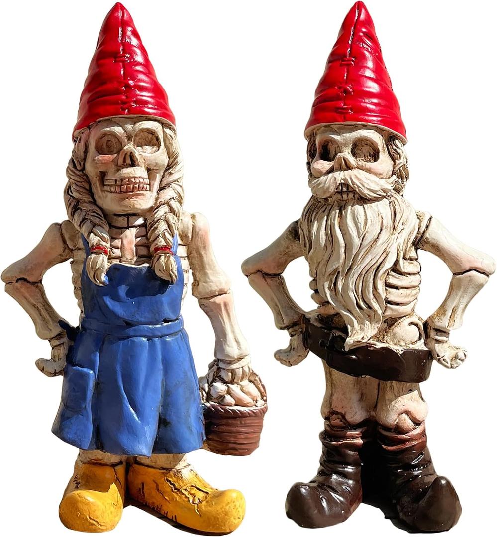 3PCS Male and Female Halloween Skeleton Gnome Couple Garden Statue Zombie Gnome Sculptures Resin Dwarf Figurines for Indoor Home Ornaments Outdoor Patio Yard Lawn Porch Decor
