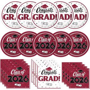 Graduation Decorations 2026, 200 Pcs Class of 2026 Graduation Party Supplies Kit with Paper Plates, Luncheon and Cocktail Napkins, Congrats Grad Decorations for 50 Guests (Maroon)