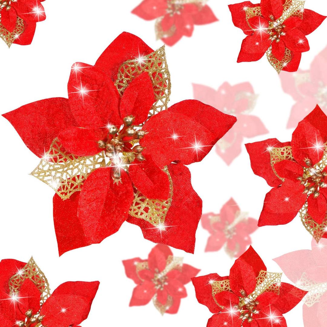 Boao 24 Pieces Christmas Artificial Glitter Poinsettia Flowers Xmas Flowers Wedding Christmas Tree New Year Ornaments(Red)
