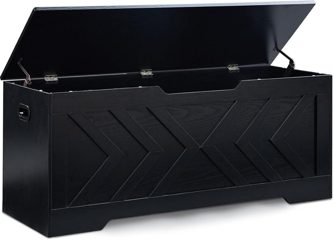 47.2” Storage Bench,Extra Large Wooden Storage Chest with 2 Safety Hinges,entryway Bench,Blanket Storage,Shoe Storage Bench for Entryway,Bedroom,Living Room,Easy Assembly-Black, 47.2" L × 15.7" W × 19.1" H