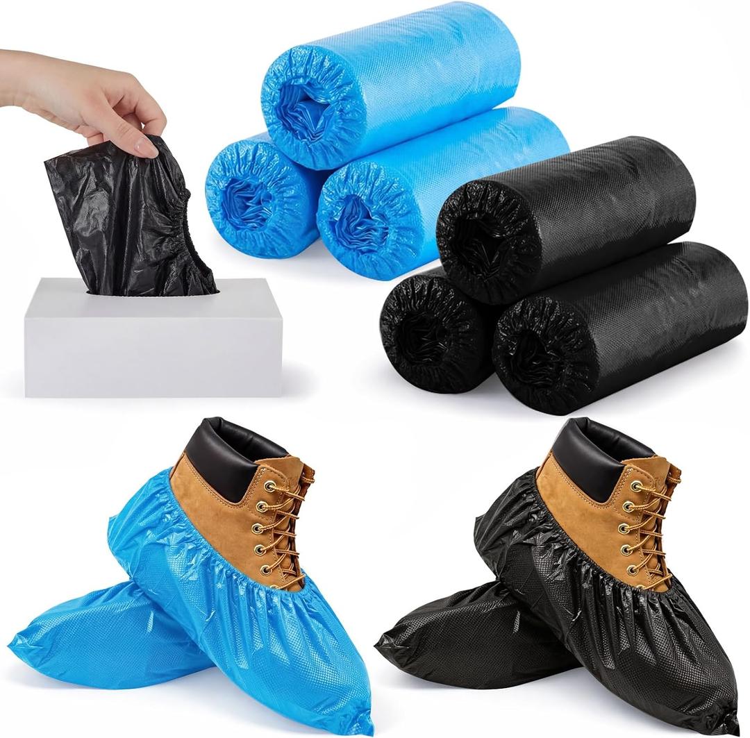 Mepase 50 Pairs Waterproof Shoe Covers Non Slip Disposable Shoe Covers Bulk Heavy Duty Large Thick Boots Cover with White Box for Home Office Medical Cleaning, up to Size 18, Blue and Black