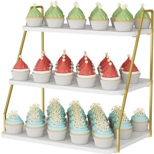 VyGrow Cupcake Stand, 3-Tier Dessert Stand for 55 Cupcakes, Wood & Metal Tower Display Premium Holder Dessert Tree Tower for Christmas Birthday Weddings Party Decor, Serving Tray (White & Gold)