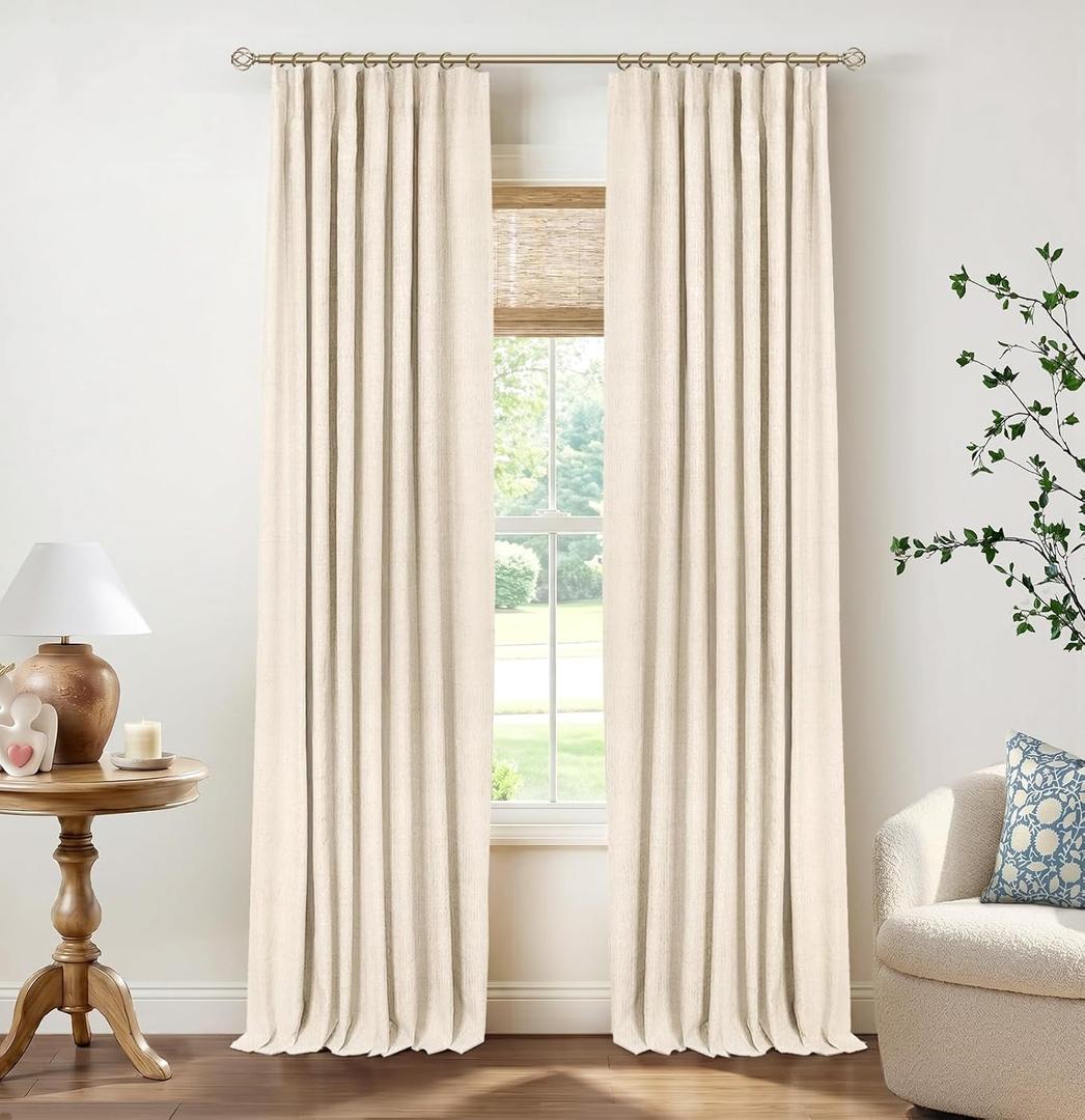 INOVADAY 100% Blackout Curtains for Bedroom, Cream Black Out Curtains 84 Inch Long, Clip Rings Linen Blackout Drapes, Thermal Insulated Room Darkening for Living Room, 2 Panels - W50xL84