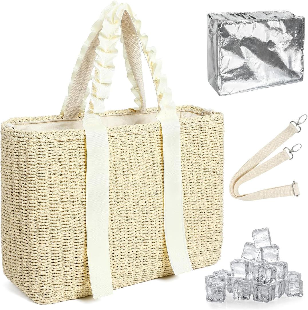 14L Large Insulated Beach Cooler Bag with Removable Liner, Natural Corn Husk Straw Travel Tote for Women, Picnic Lunch Bag, Bride Wedding Gift