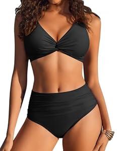 AI'MAGE High Waisted Bikini Sets Two Piece Tummy Control Swimsuits V Neck Summer Beach Swim Bathing Suits Black, (Medium)