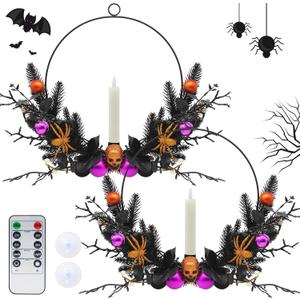 2 Pcs Halloween Wreath for Front Door Window: 18" Skull Wreath with LED Taper Candles, Horror Decorations for Indoor Outdoor Home Halloween Festival