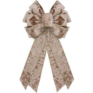 Christmas Wreath Bow 20 x 11 Inches Large Christmas Bows Golden Trimmed Champagne Velvet Bow Winter Farmhouse Bow Xmas Tree Topper Bow for Home Front Door Decorations