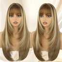 Brown Long Straight Layered Wig with Bangs for Women 26 inch Light Brown with Blonde Put on Go Realistic Synthetic Heat Resistant Natural Wig for Girls Party Cosplay and Daily Use