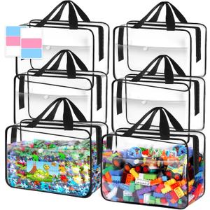 Toy Storage Bags 6 Packs, Kids Toy Storage Organizer with Zipper and Labels, PVC Clear Bags for Board Games, Books, Puzzles, Building Blocks(Large, Black)