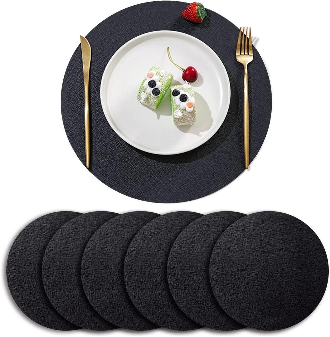 Faux Leather Black Placemats, 13.5" Wipe Clean Stain-Proof Non-Slip Heat Resistant Round Placemats Set of 6, Dining Table Mats for Kitchen Table Plate