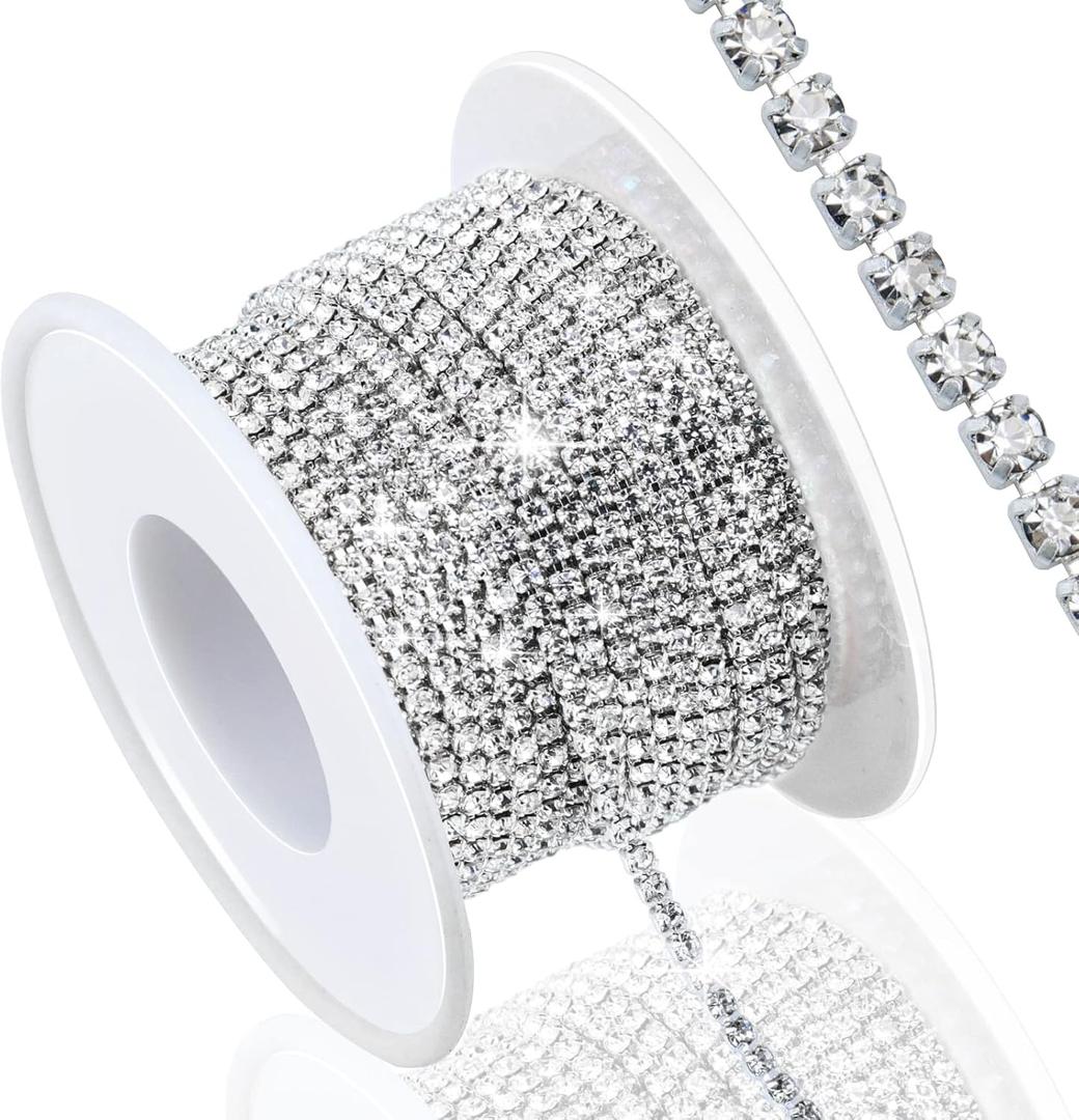 Dowarm 10 Yards 2MM Crystal Rhinestone Close Chain Trim for Sewing Crocs Shoes Clothes Cups, SS6 Claw Rhinestone Chain for Craft Jewelry Wedding Bouquet DIY Decoration, Silver (Silver Base with Clear Rhinestone)