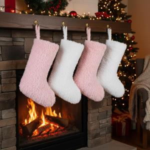 Pink Personalized Christmas Stockings 4 Pack 20 Inch Pink and White Pastel Faux Fur Christmas Stockings Fuzzy Sherpa Plush Xmas Hanging Stocks Ornaments for Home Xmas Party Decor Winter Gift