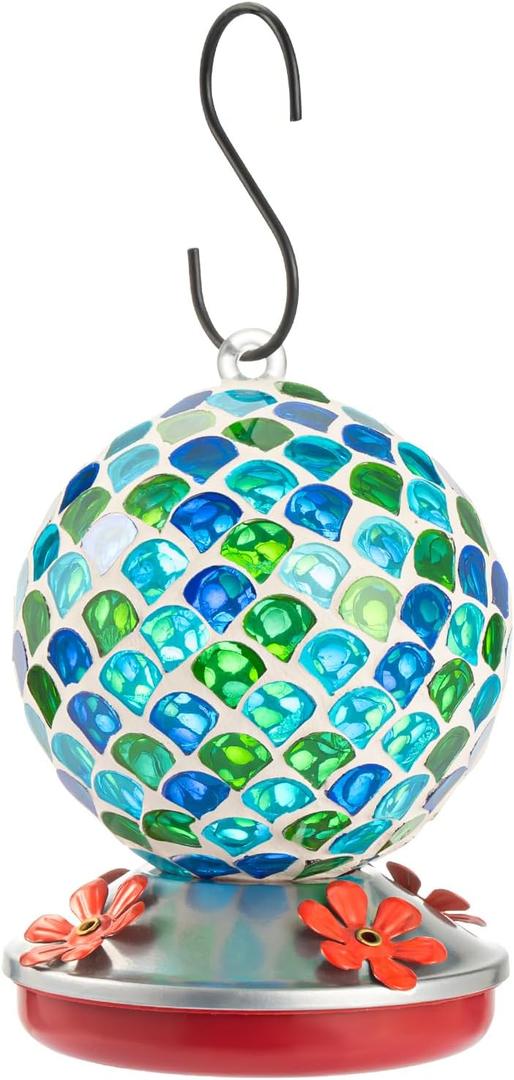 Backyard Expressions Glass Hummingbird Feeder - Blue/Green - Hummingbird Feeders for Outdoors Hanging, Hand Blown Glass Hummingbird Feeder