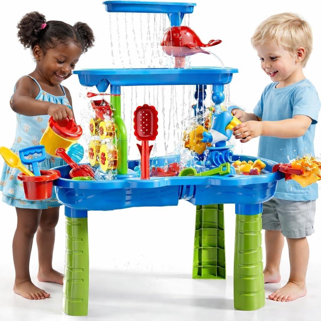 3-Tier Water Table for Kids Ages 3-5 4-8 Toddlers Outdoor Summer Water Table Beach Toys Kids Activity Sensory Table Toddler Sand Box Play Table with Rain Showers Splash Pond for Boys Girls