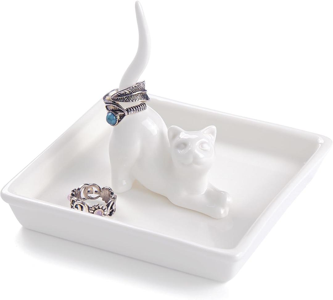 PUDDING CABIN Cat Mom Gifts for Women, Cat Ring Holder for Jewelry, Jewelry Tray Dish Rings Bracelets Earrings Trinket Tray, Cat Gifts for Cat Lovers Mother's Day Birthday Wedding Christmas Gifts