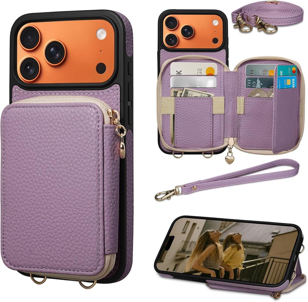 Case for iPhone 17 Pro Max 6.9'' Case Wallet, Crossbody Zipper Purse with RFID Blocking Card Slots Kickstand, Lanyard & Handstrap Flip Folio Leather Phone Cover for iPhone 17 Pro Max, Purple