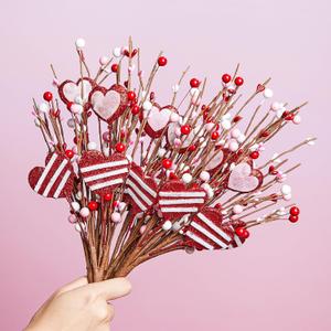 DN DECONATION 6Pcs Valentine's Picks, Valentine Floral Picks Heart Stems with with Red Pink White Berries, Valentines Day Artificial Flowers Arrangement for Valentines Wedding Centerpiece Home Decor