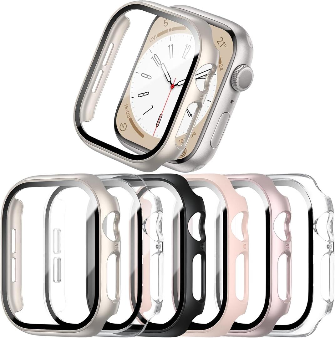 6 Pack Case With Tempered Glass Screen Protector for Apple Watch 41mm Series 9 8 7, Ultra-Thin Full Coverage Hard PC Protective Cover for iWatch (Black+Clear+Starlinght+Pink+Rosegold+Clear)