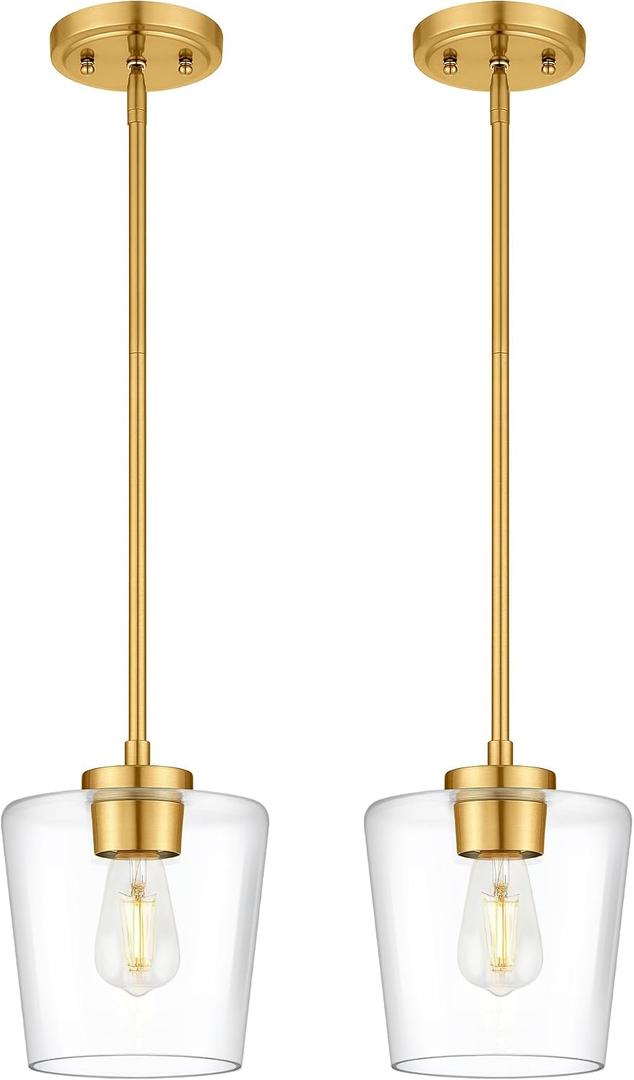 2-Pack Pendant Lights Kitchen Island, 8" Brushed Gold Hanging Lights Fixtures with Clear Glass Shade, Modern Kitchen Pendant Lighting Over Island for Dining Room, AD-22004-1P2L-GD-C, 7.8"