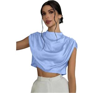 OYOANGLE Women's Mock Neck Elegant Top Satin Blouse Ruched Cap Sleeve Silk Tops Dressy Business Casual Work Shirts (Blue, XL)