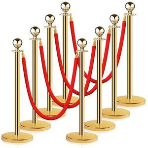 Stainless Steel Stanchion Post Queue 5 ft Red Velvet Rope Red Carpet Ropes and Poles Crowd Control Barriers Sand Injection Hollow Base and Velvet Ropes Set for Party Supplies (8 Pieces, Gold)