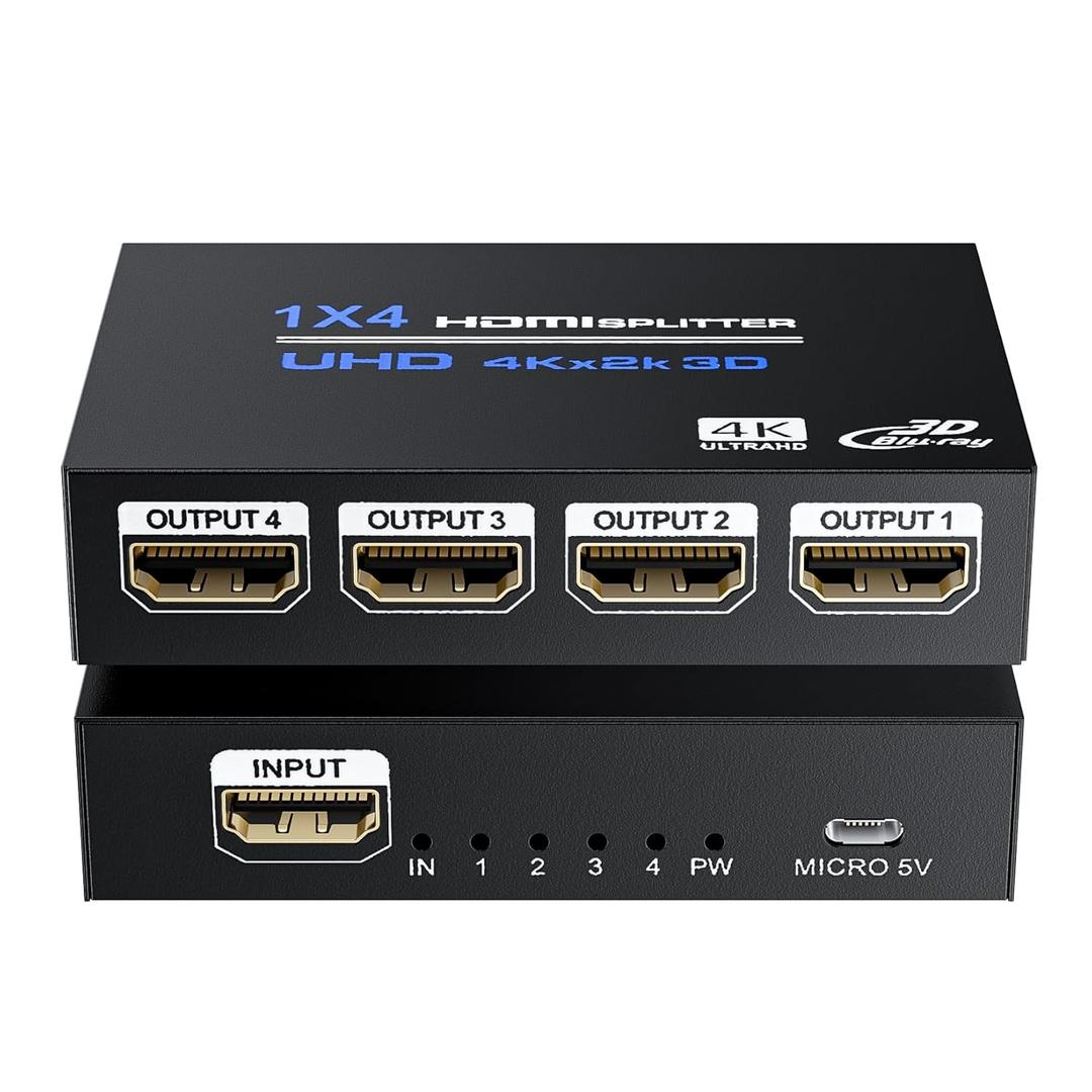 BolAAzuL 4K HDMI 1 in 4 Out Splitter 1X4 Duplicate/Mirror Only, Not for Extend, w/Power Adapter, 1 to 4 HDMI Displays Same Content for TV PS3 PC DVD Projector