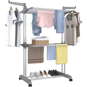 Bigzzia 3 Tier Clothes Drying Rack, 57 Inch Laundry Drying Rack, Foldable Stainless Steel Kids Clothing Rack, Movable Laundry Rack for Indoor Outdoor - Grey