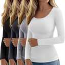 Ficerd 4 Pack Women's Long Sleeve T Shirts Scoop Neck Basic Tight Slim Fit Tops Casual Fashion Tee Shirts (Large, Black, Dark Gray, Light Gray, White)