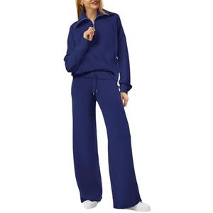 XIEERDUO Lounge Sets For Women 2024 Half Zip Sweatshirt And Wide Leg Sweatpant 2 Piece Outfits Sweatsuit Tracksuit ( Color: 03-navy Blue, Large )
