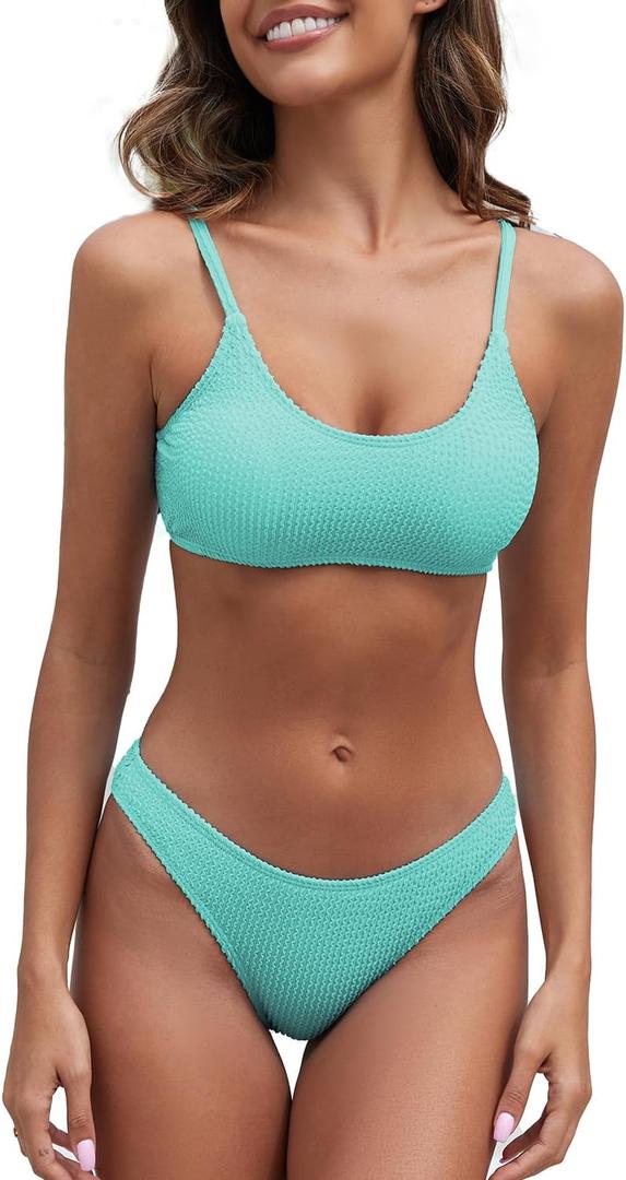 Fanuerg Women's Ribbed Bikini Sets Scoop Neck Cheeky Swimsuit Textured Two Piece Bathing Suit (Medium, Mint Blue)