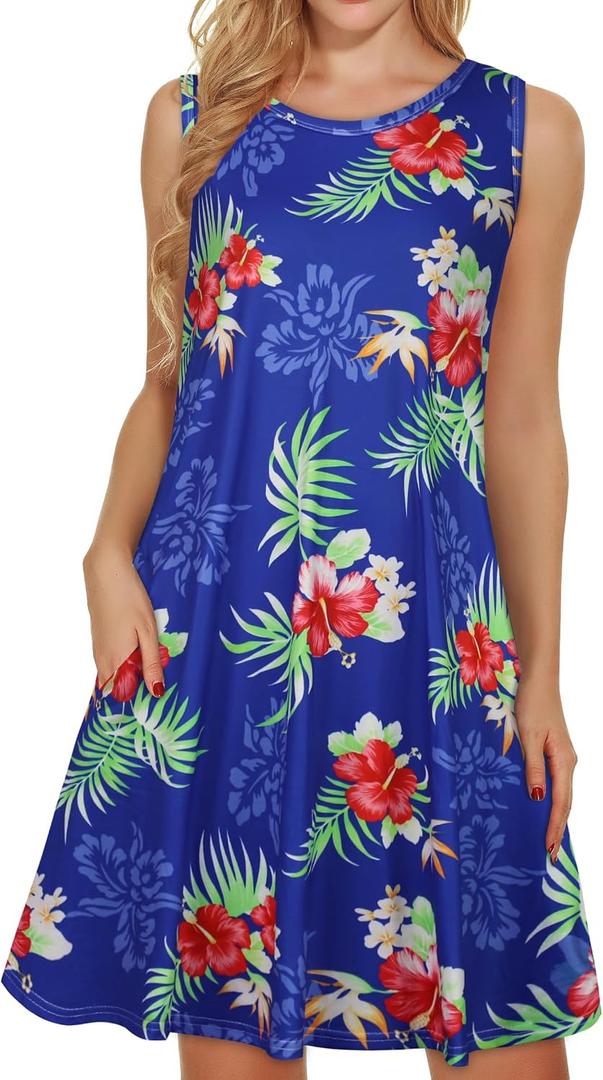 elescat Summer Dresses for Women Casual Beach Sleeveless Sundress Scoop Neck Swing Tank Dress with Pocket(Royal Blue Flower, M)