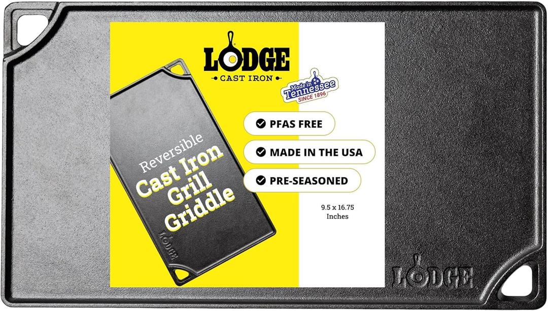 Lodge Double Play Reversible Cast Iron Grill/Griddle  DualSided with Double Burner Configuration for Eggs, Pancakes, Burgers & More  Seasoned, NonToxic Cookware  HeavyDuty Grill Pan  Black