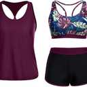 Yonique 3 Piece Athletic Tankini Swimsuits for Women with Shorts Swim Tank Tops with Sports Bra and Boyshorts Bathing Suits (Large, Maroon)