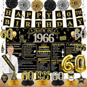 60th Birthday Decorations for Men Women, 21pcs the Year 1966 Banner Balloon Party Supplies, Black Gold 60 Year Old Birthday Backdrop, 60 Bday Honeycomb Centerpiece Hanging Swirls Sash Gifts