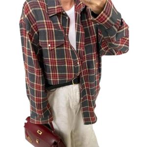 Long Sleeve Button Down Shirt Women Oversized Flannel Shirt Women Fall 2024 Plaid Shirts Y2k (Small, Red)