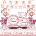 212Pcs Pink Birthday Decorations Disposable Dinnerware Sets,Birthday Party Supplies Plates Napkins Set Baby Shower Birthdays Party Plate Pink Set With Banners Cups Forks knives Spoons Serve 24