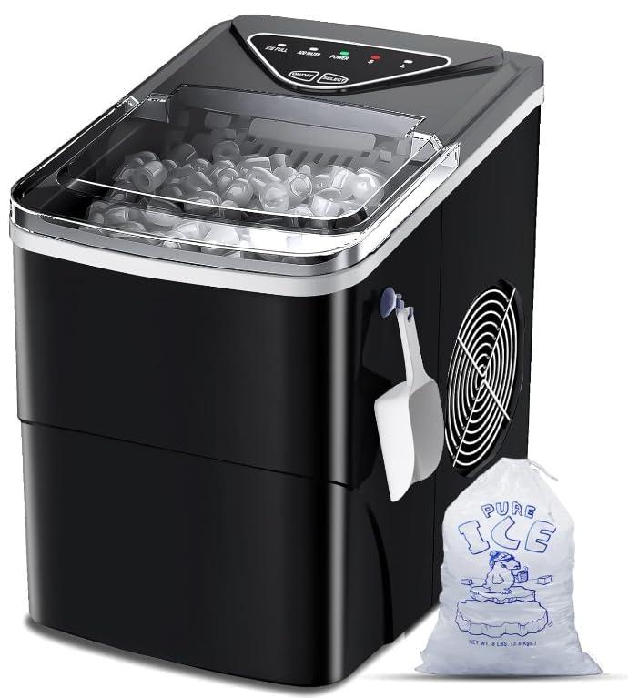Ice Makers Countertop, Self-Cleaning Function, Portable Electric Ice Cube Maker Machine, 9 Bullet Ice Ready in 6 Mins, 26lbs 24Hrs with Ice Bags and Scoop Basket for Home Bar Camping RV(Black) (Black(Limited Edition))