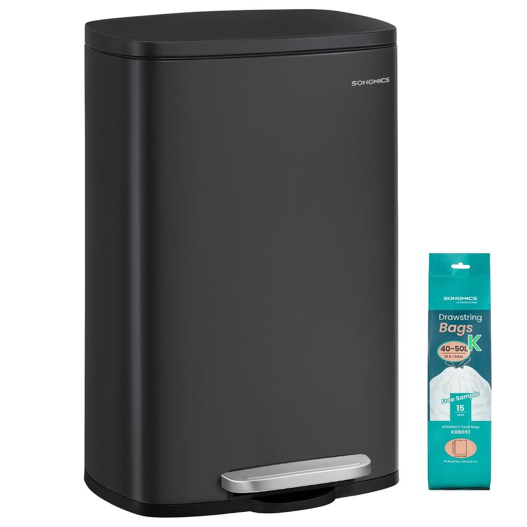 SONGMICS 13 Gallon (50 L) Trash Can, Stainless Steel, Step-On Pedal
Kitchen Garbage Can, Recycling or Waste Bin, with Soft Close Lid, Removable Inner Bucket, Black ULTB050B01