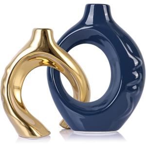LCCCK Blue and Gold Ceramic Vases for Home Decor, Boho Vase for Flowers Pampas Grass Decorative, Navy Blue Hollow Donut Small Vase for Living Room Table Wedding Centerpiece Modern Vases, 6.7"L x 2"W x 8.6"H