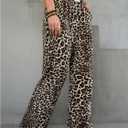 RoseSeek Girl's Leopard Pants Patched Straight Leg Linen Baggy Pants Elastic Waist Casual Beach Summer Pants (Brown)