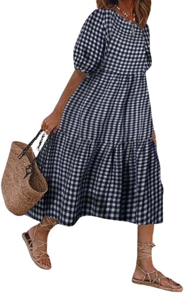 chouyatou Women's Retro Lantern Puff Sleeve Plaid Dress Gingham Swing Tiered Midi Long Dress (XX-Large)