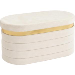 30.7 Inches Oval Ottoman Bench with Storage, Velvet Folding Footrest Ottoman, Soft Seat Cushion for Living Room, Entryway, Bedroom, Beige, 30.7"D x 15"W x 15"H