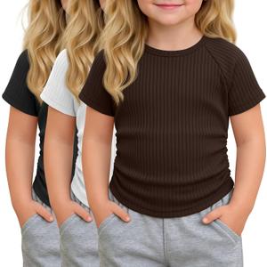 3 Pack Toddler Girl Shirts Baby Girl Cotton Basic Tee Cute Ribbed T-Shirt Kids Short Sleeve Tops Clothes Ages 18M-5T (Brown)
