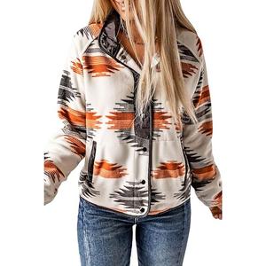 SELINK Womens Fleece Jacket Western Aztec Print Long Sleeve Snap Button Down Shacket Jackets with Pockets , Medium, Grey 