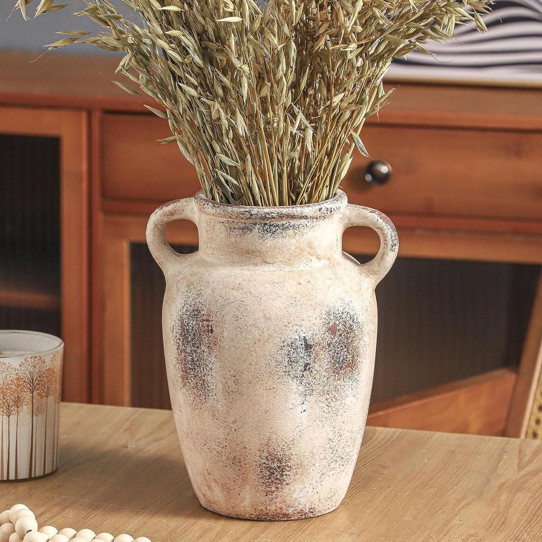 Farmhouse Ceramic Vase with Handle,9.7 inch Handcrafted Vintage Terracotta Pottery Vases for Shelf Decor, Coffee Table Styling, or Bedroom Accent