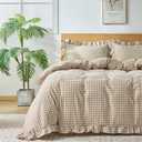 Gingham Duvet Cover Queen Size, 3 Pieces Soft Breathable Microfiber Plaid Comforter Cover with Zipper Closure & 2 Pillow Shams, Ruffle Farmhouse Vintage Decor, Taupe