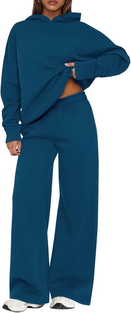 PRETTYGARDEN Womens Sweatsuits 2 Piece Set 2026 Casual Winter Long Sleeve Hoodie Loose Wide Leg Sweatpants Fall Tracksuit (Medium, Dark Blue)
