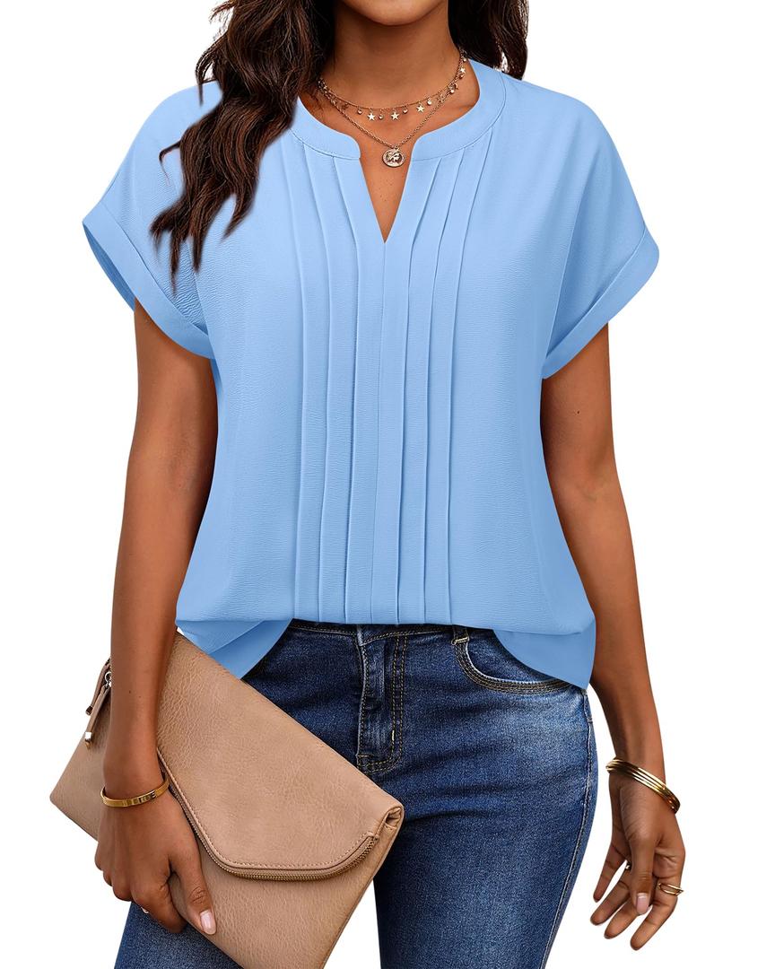 Gaharu Womens Dressy Tops and Blouses Short Sleeve Shirts Summer Casual Outfits Notch V Neck Professional Blouses Fitted Tops Light Blue S (Blue, S)
